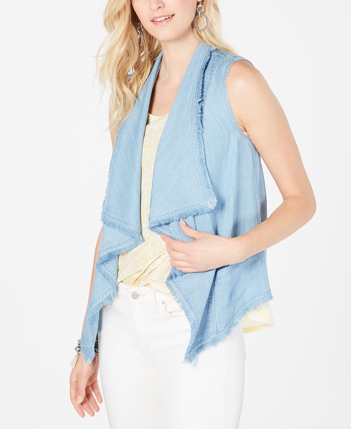 Style & Co Women's Draped-Front Frayed-Hem Vest Blue Size Larger