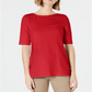 Charter Club Women's Cotton Texture-Striped Elbow-Sleeve Top Red Size XL