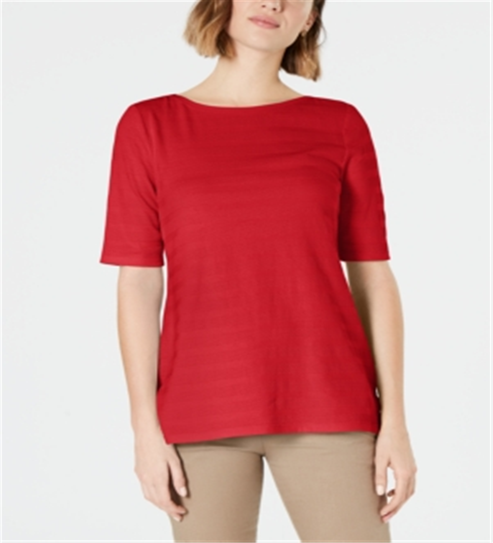 Charter Club Women's Cotton Texture-Striped Elbow-Sleeve Top Red Size XL