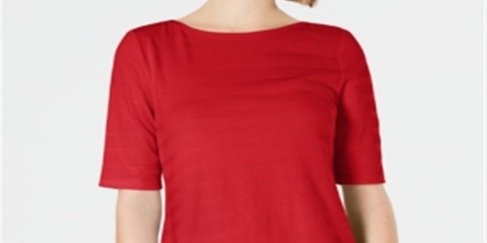 Charter Club Women's Cotton Texture-Striped Elbow-Sleeve Top Red Size XL