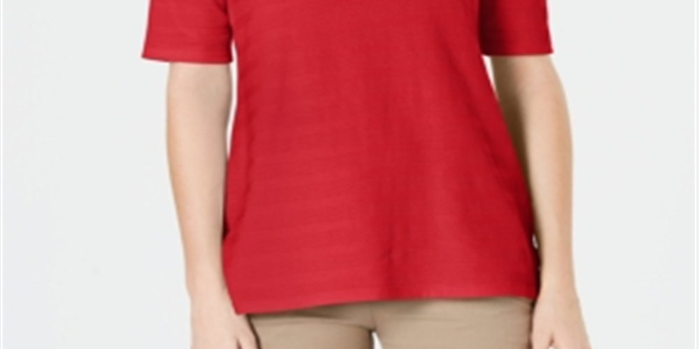 Charter Club Women's Cotton Texture-Striped Elbow-Sleeve Top Red Size XL
