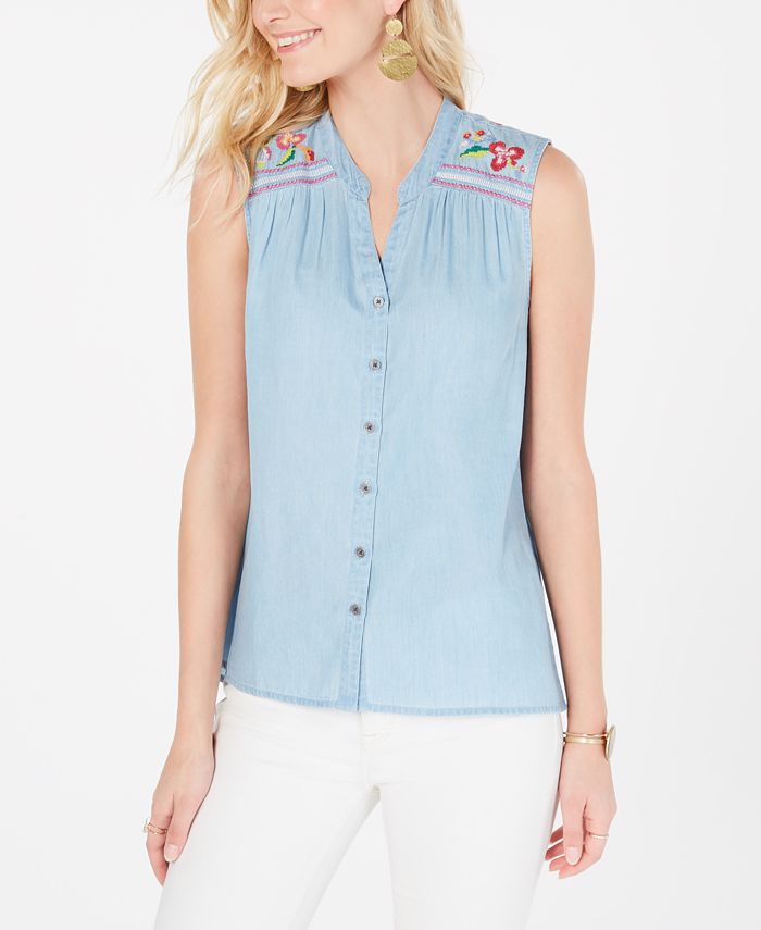 Style & Co Women's  Embroidered Button-up Top  Blue Size XL