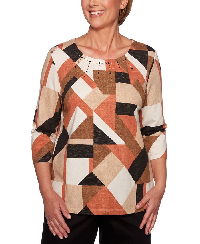 Alfred Dunner Women's Tunics Geometric Embellished Top Brown Size Petite L