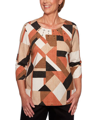 Alfred Dunner Women's Tunics Geometric Embellished Top Brown Size Petite L
