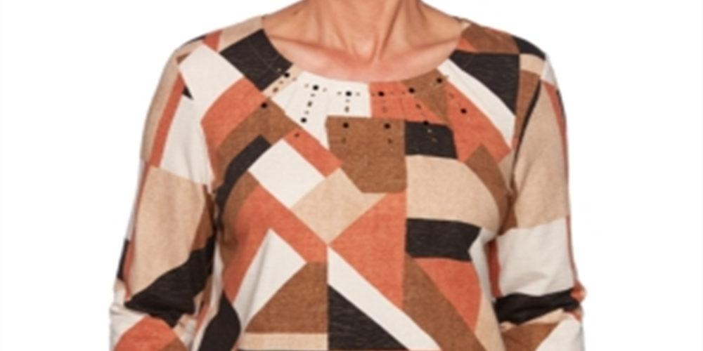 Alfred Dunner Women's Tunics Geometric Embellished Top Brown Size Petite L