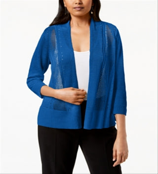 Alfani Women's Mixed Stitch Open Front Cardigan Blue Size Petite Small