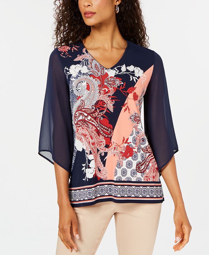 JM Collection Women's V Neck Printed Chiffon Sleeve Top Blue Size L