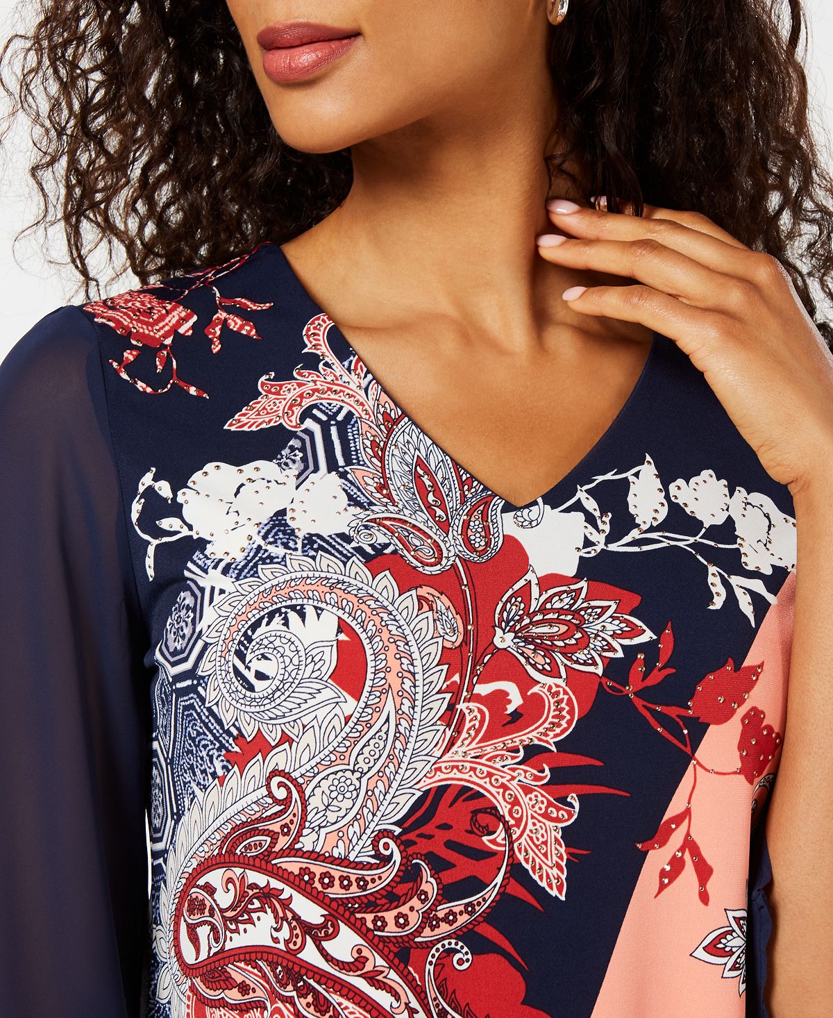 JM Collection Women's V Neck Printed Chiffon Sleeve Top Blue Size L