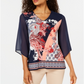 JM Collection Women's V Neck Printed Chiffon Sleeve Top Blue Size L