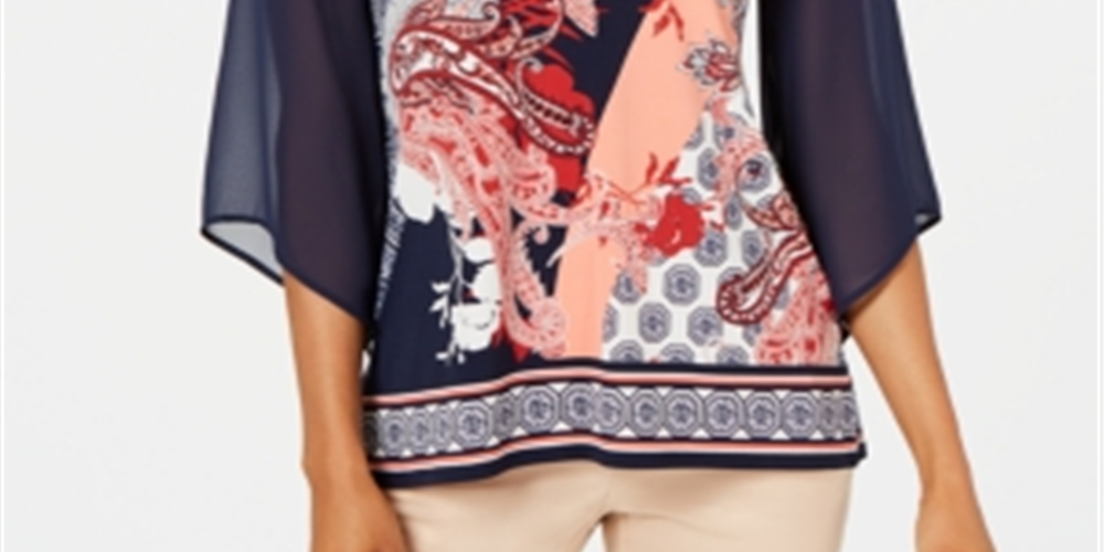 JM Collection Women's V Neck Printed Chiffon Sleeve Top Blue Size L