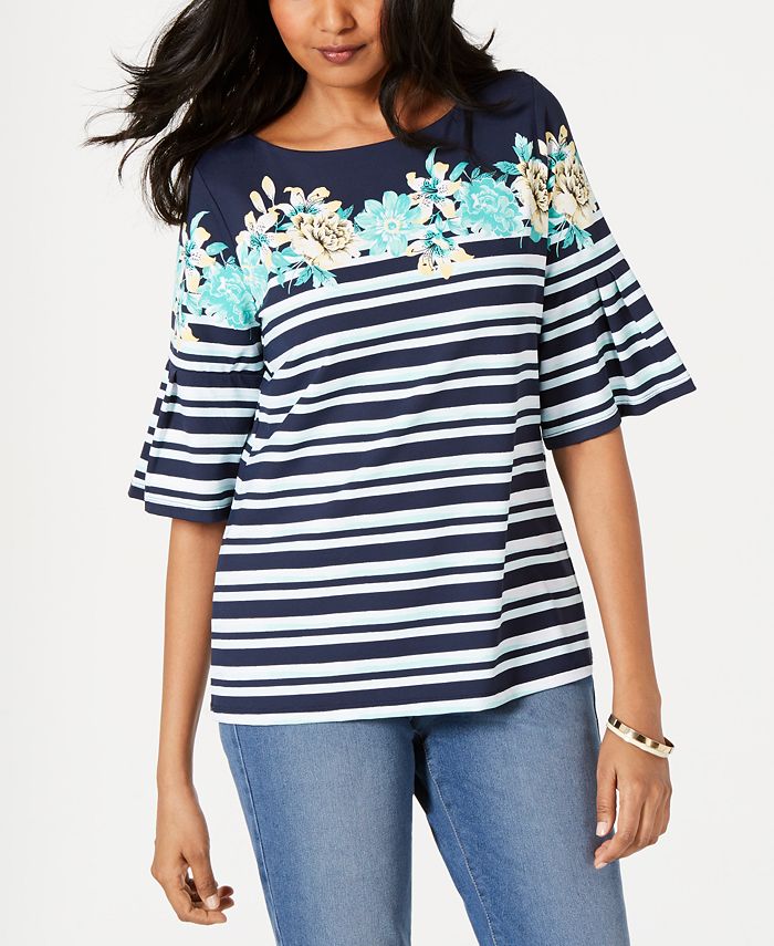 Charter Club Women's Tropical Stripe Bell Sleeve Top Blue Size Large