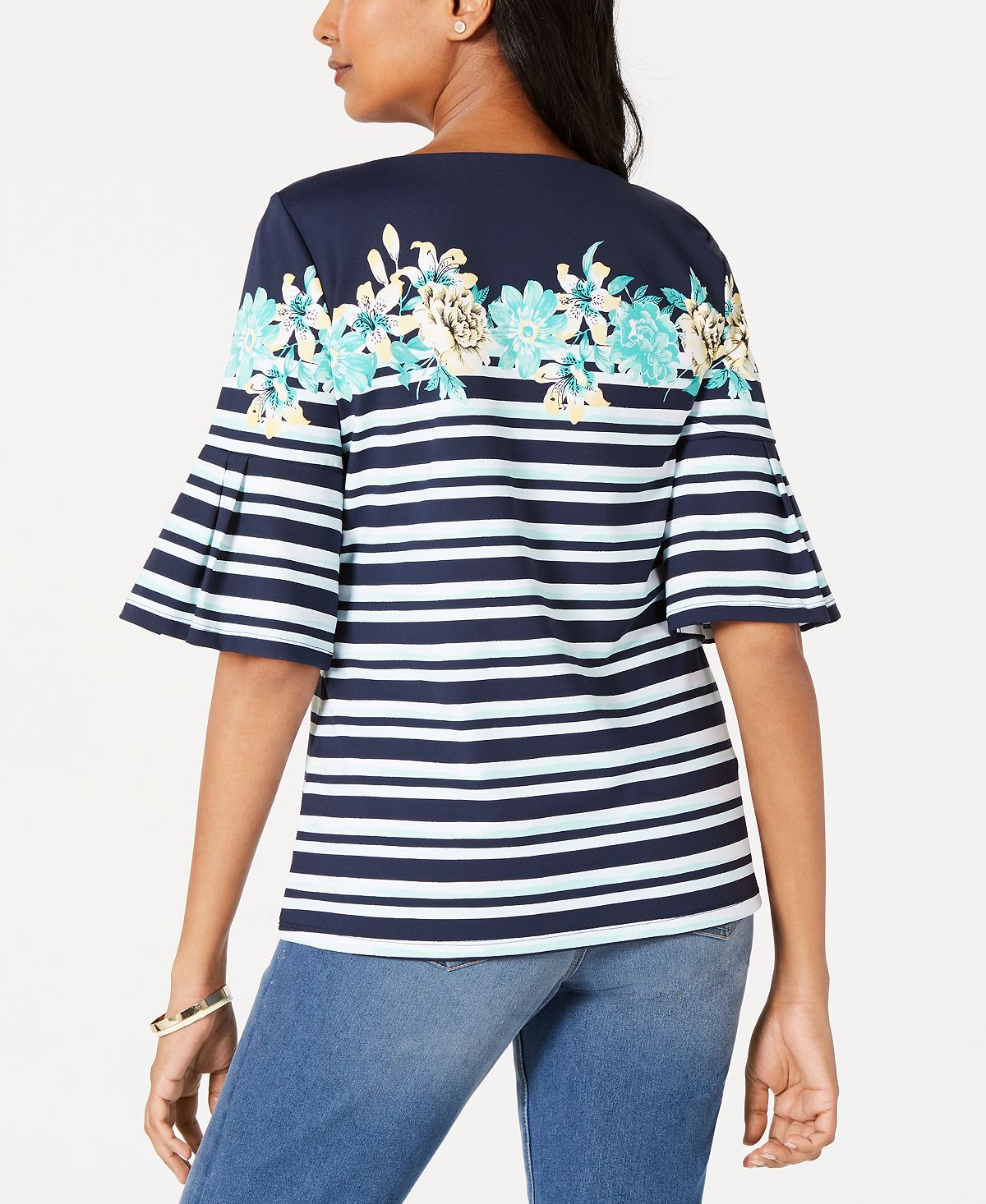 Charter Club Women's Tropical Stripe Bell Sleeve Top Blue Size Large