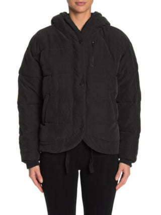 Free People Women's Chill Factor Faux Shearling Hooded Puffer Jacket Black Size Small