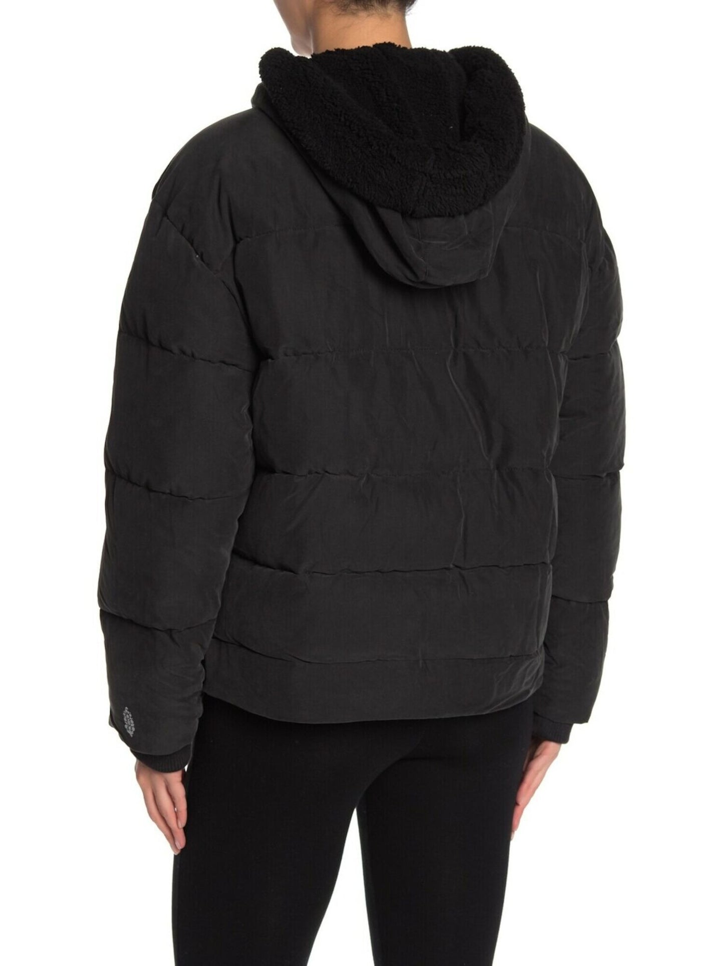 Free People Women's Chill Factor Faux Shearling Hooded Puffer Jacket Black Size Small