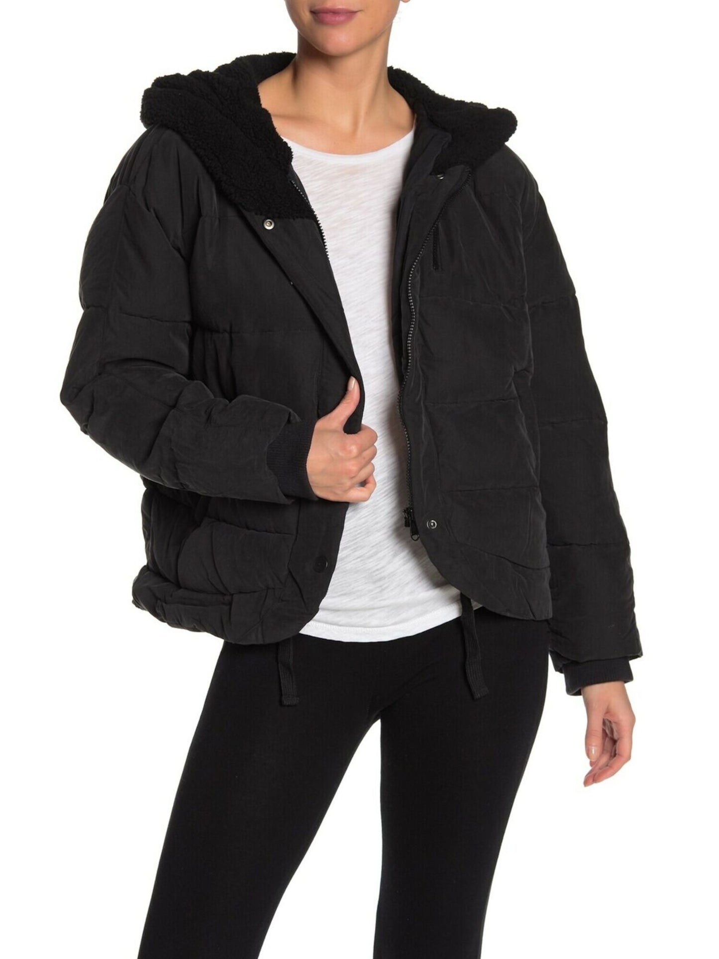 Free People Women's Chill Factor Faux Shearling Hooded Puffer Jacket Black Size Small