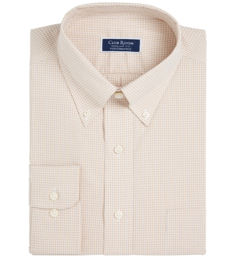 Club Room Mens Regular Fit Mini Gingham Dress Shirt Brown Size 34-35
