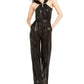 Michael Kors Women's Sequined Sleeveless Halter Tube Straight Leg Cocktail Jumpsuit Black Size X-Large