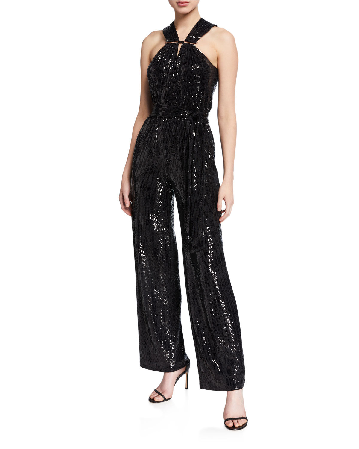 Michael Kors Women's Sequined Sleeveless Halter Tube Straight Leg Cocktail Jumpsuit Black Size X-Large