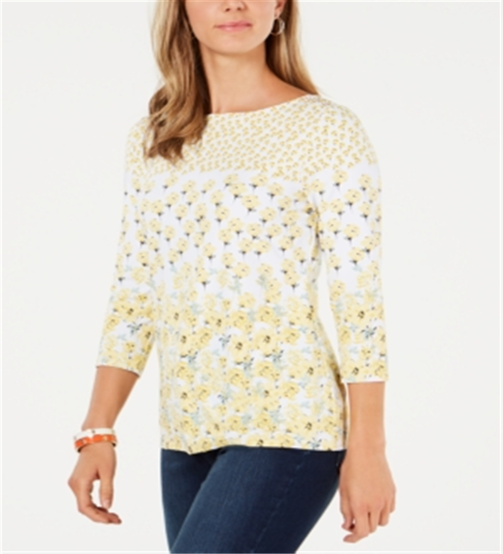 Charter Club Women's Floral Print Boat Neck Top White Size Large