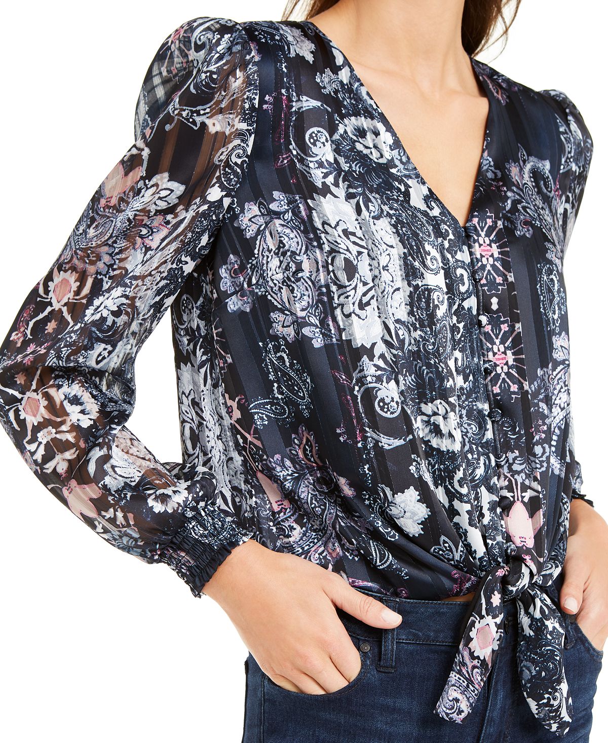 INC Iternational Concepts Women's Printed Tie Hem Blouse Dark Blue Size -Petite L