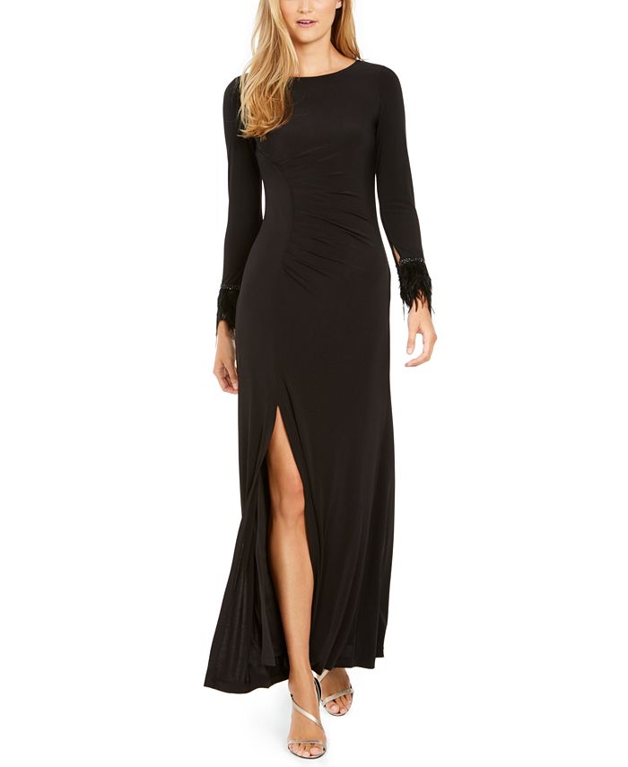 Calvin Klein Women's Feather Cuffs Ruched Evening Gown Black Size 12