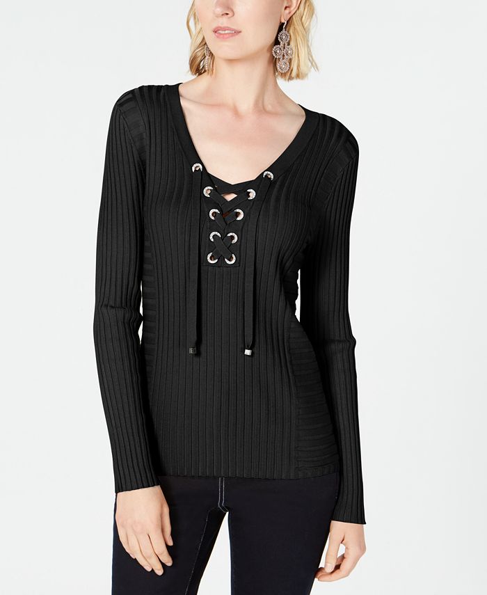 INC Iternational Concepts Women's Lace up Ribbed Knit Sweater Black Size Petite Small