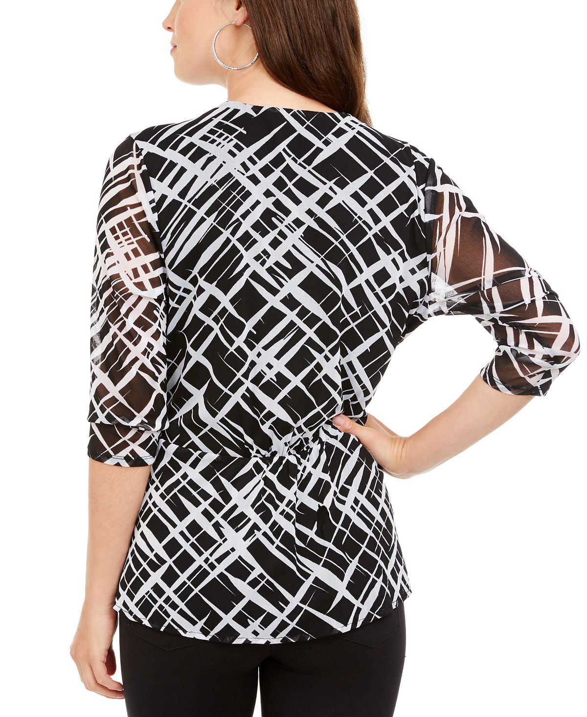 Alfani Women's 3/4 Sleeve Printed Tunic Plaited Black Size Petite Small