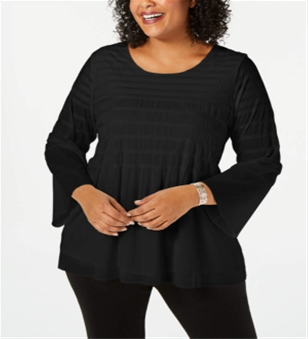 Alfani Women's Smocked Stripe Top Black Size 2X