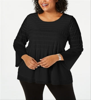 Alfani Women's Smocked Stripe Top Black Size 2X