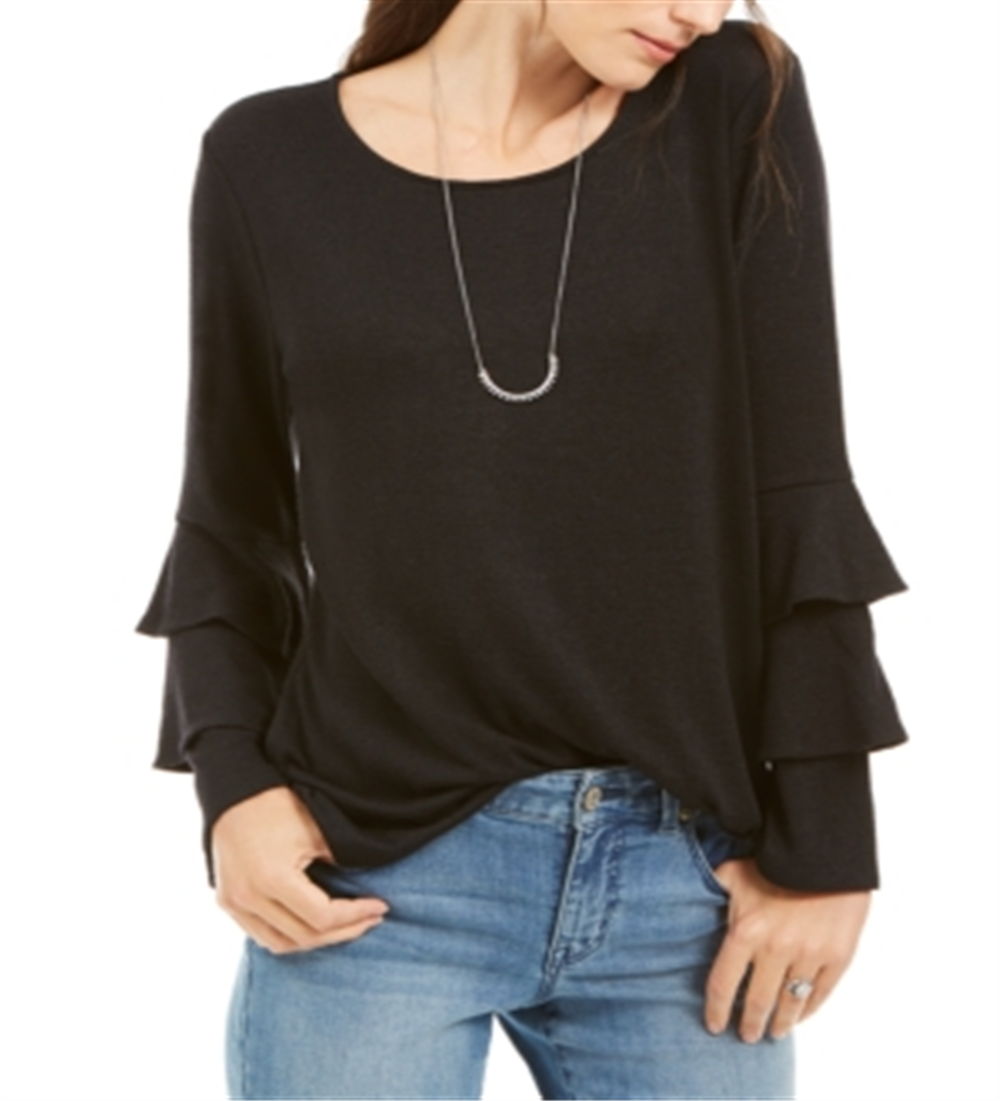Style & Co Women's Double Bell Sleeve Top Black Black Size Petite S
