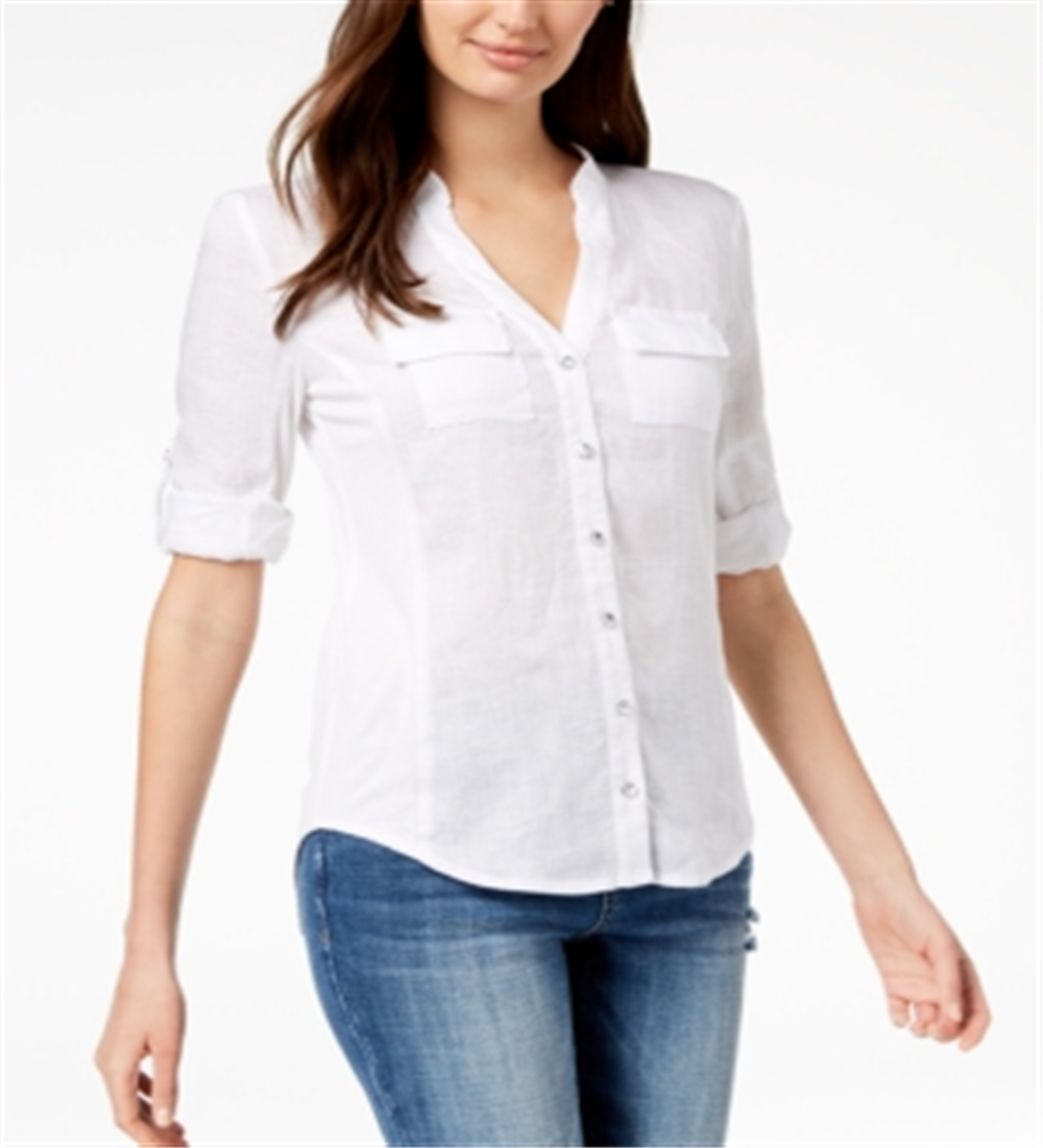 INC International Concepts Women's Linen Panel Button Down Top White Size Petite L