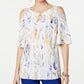 JM Collection Women's Printed Cold Shoulder Crinkle Texture Top White Size Large