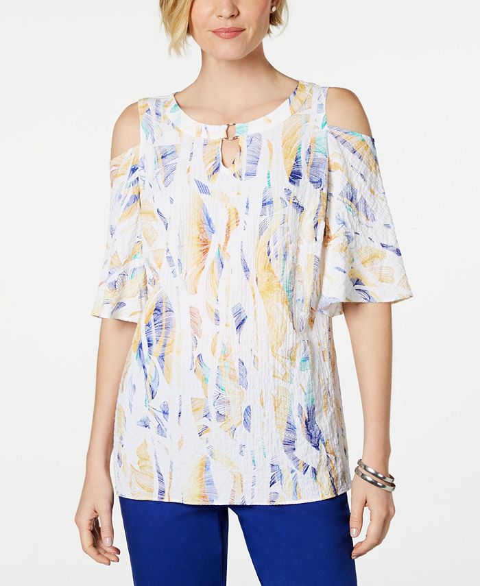 JM Collection Women's Printed Cold Shoulder Crinkle Texture Top White Size Large