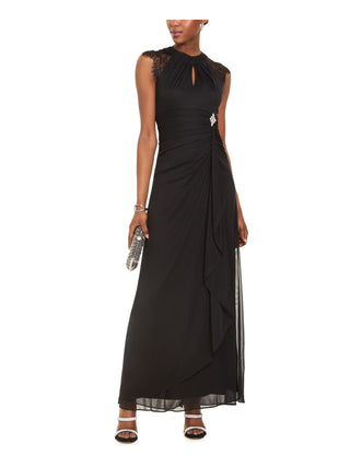 Betsy & Adam Women's Lace Sleeve Drape Front Gown Black Size 6