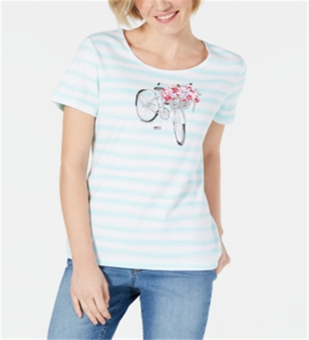 Karen Scott Women's Embellished Striped T-Shirt White Size X-Large