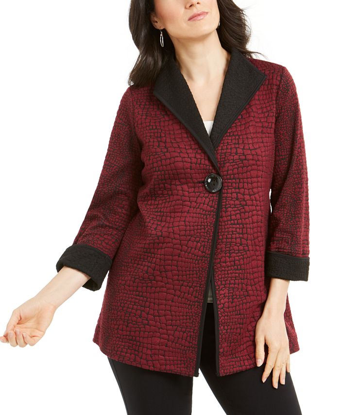 JM Collection Women's Printed 3/4 Sleeve Jacket Red Size Petite Small