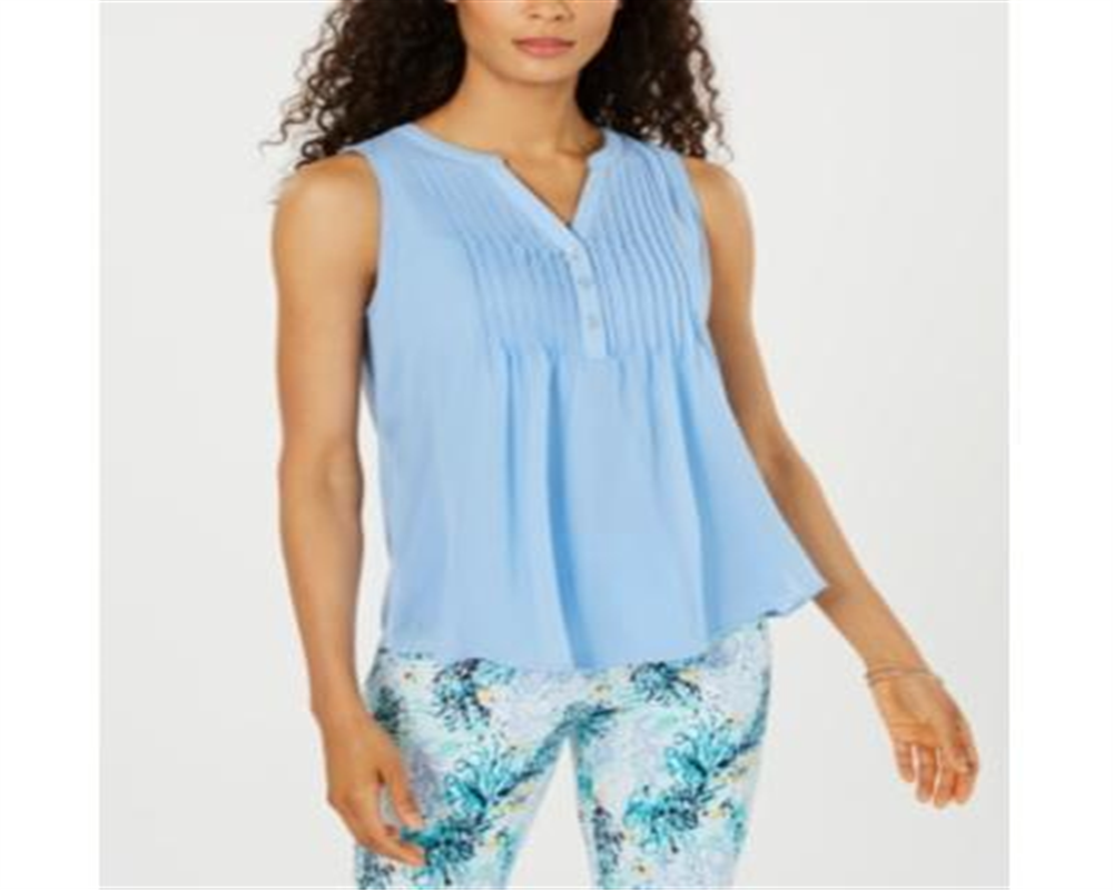 Charter Club Women's Sleeveless Pintuck Blouse Blue Size Large