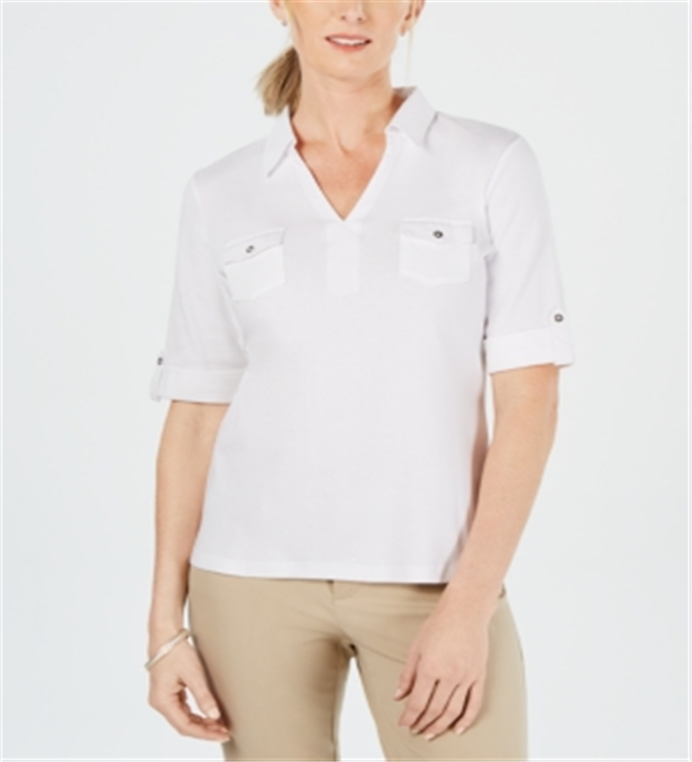Karen Scott Women's Cotton Cuffed Elbow-Sleeve Top White Size 2XL