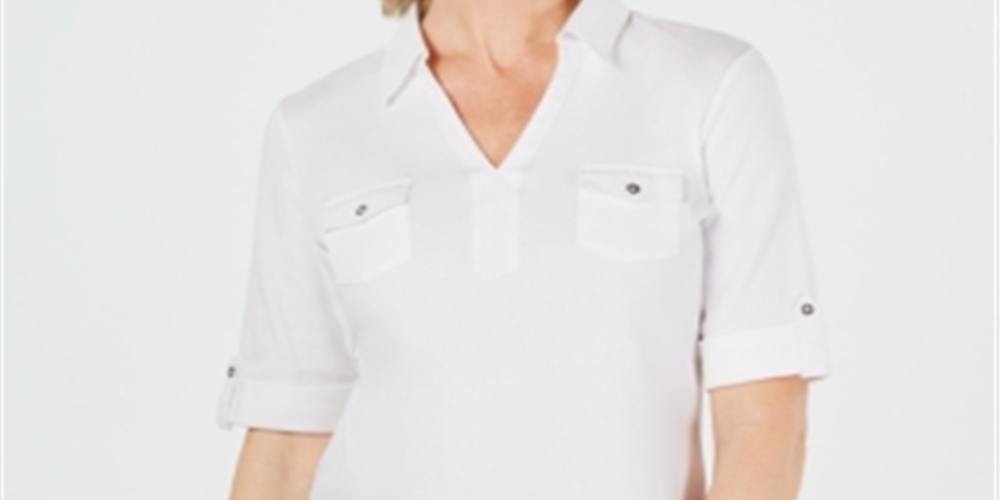Karen Scott Women's Cotton Cuffed Elbow-Sleeve Top White Size 2XL