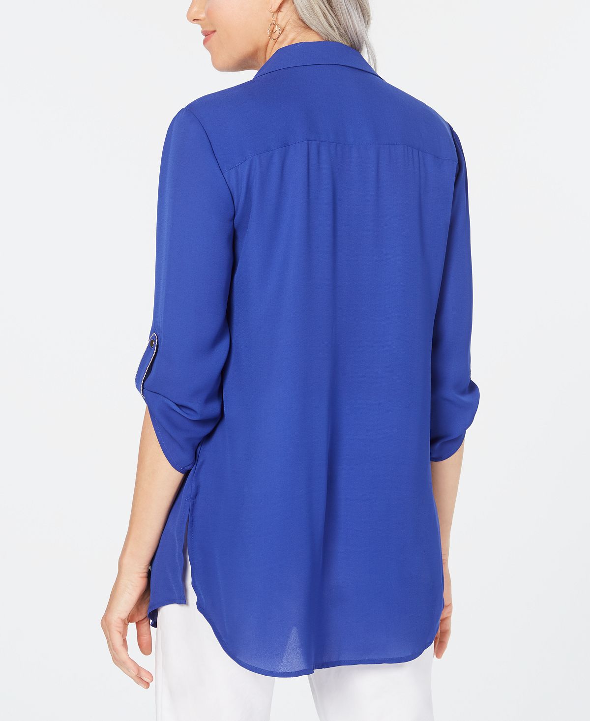 JM Collection Women's Collared Button up Top Blue Size S