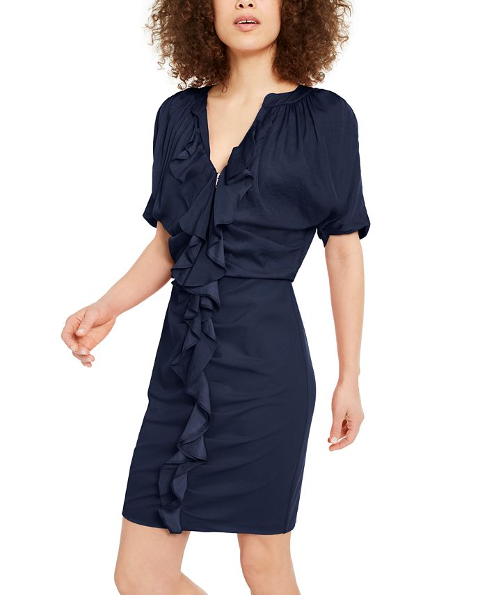 INC Iternational Concepts Women's Ruffle Zip up Dress Blue Size Medium
