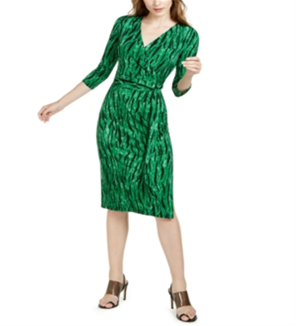 INC Iternational Concepts Women's Side Tie Faux Wrap Dress Green Size Large