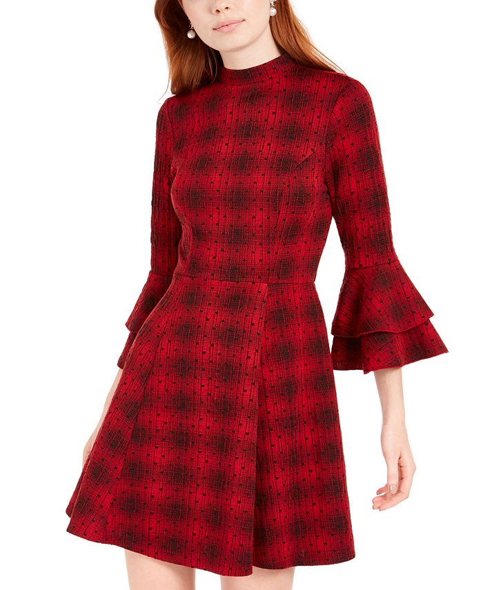 Sequin Hearts Juniors' Plaid Bell-Sleeve Knit Dress Red Size Large