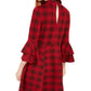 Sequin Hearts Juniors' Plaid Bell-Sleeve Knit Dress Red Size Large