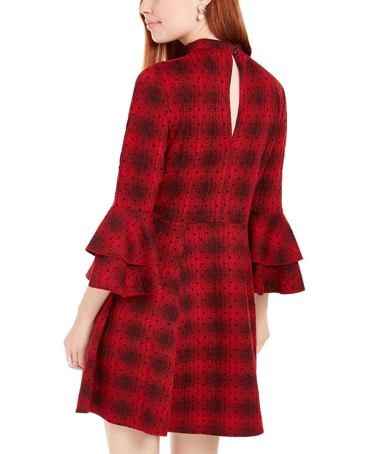 Sequin Hearts Juniors' Plaid Bell-Sleeve Knit Dress Red Size Large
