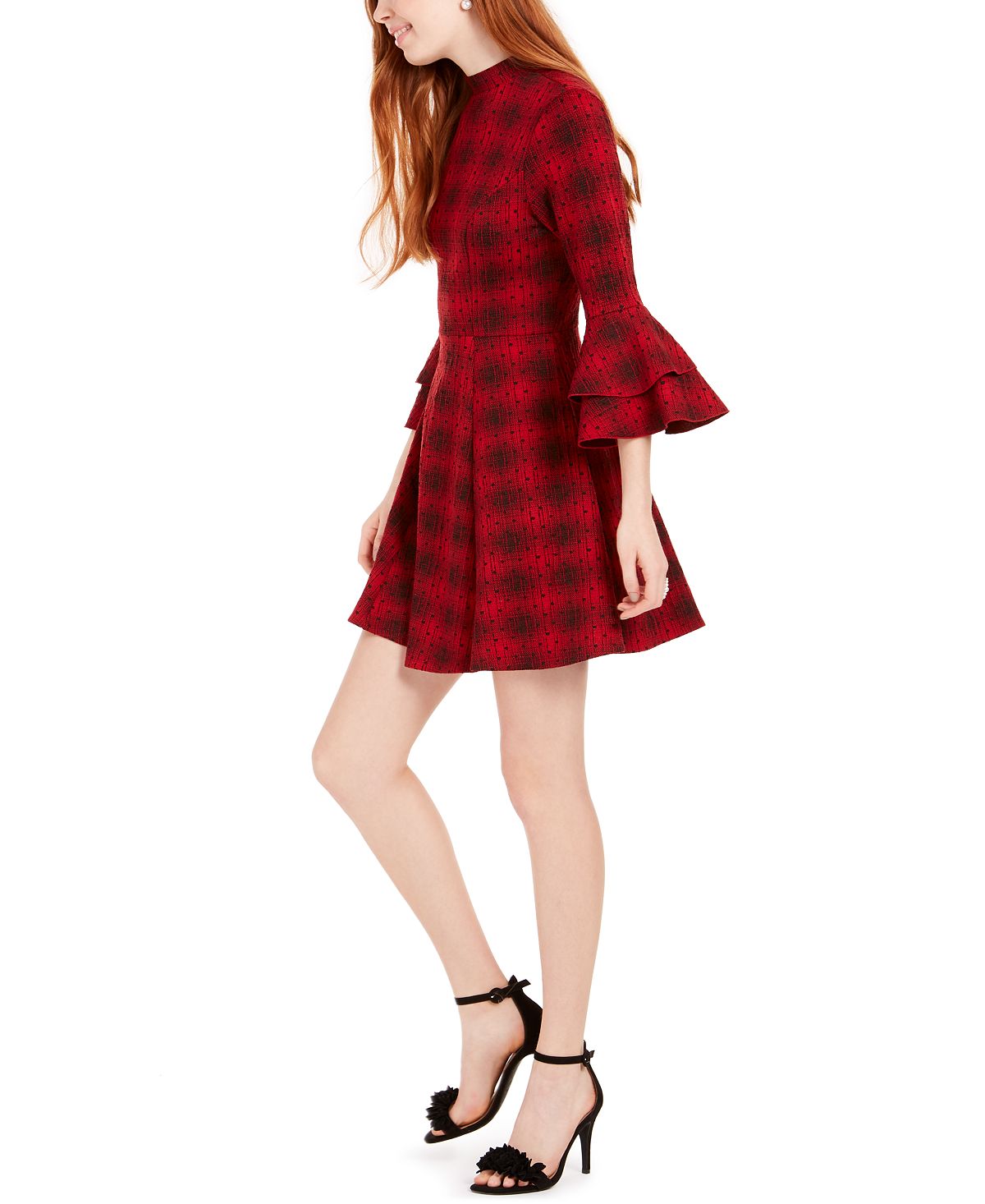 Sequin Hearts Juniors' Plaid Bell-Sleeve Knit Dress Red Size Large