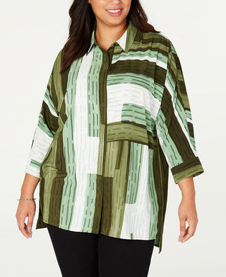 Alfani Women's Plus Printed Button Front Tunic Top Green Size 0X