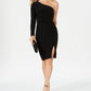 Vince Camuto Women's Slitted Ruched Long Sleeve Asymmetrical Neckline Knee Length Evening Body Con Dress Black Size 10