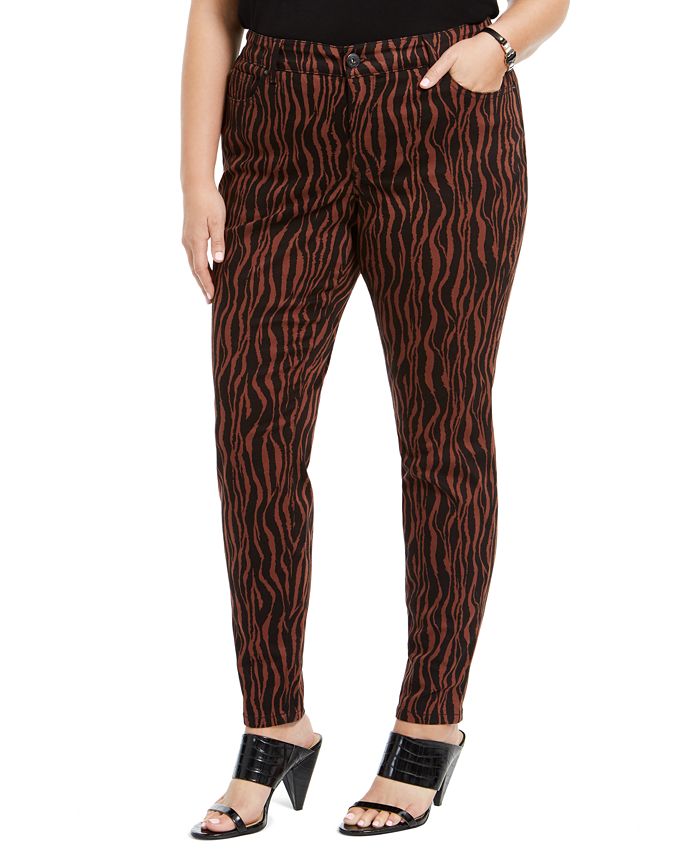INC Iternational Concepts Women's Plus Tiger Print Mid Rise Skinny Jeans Brown Size PS