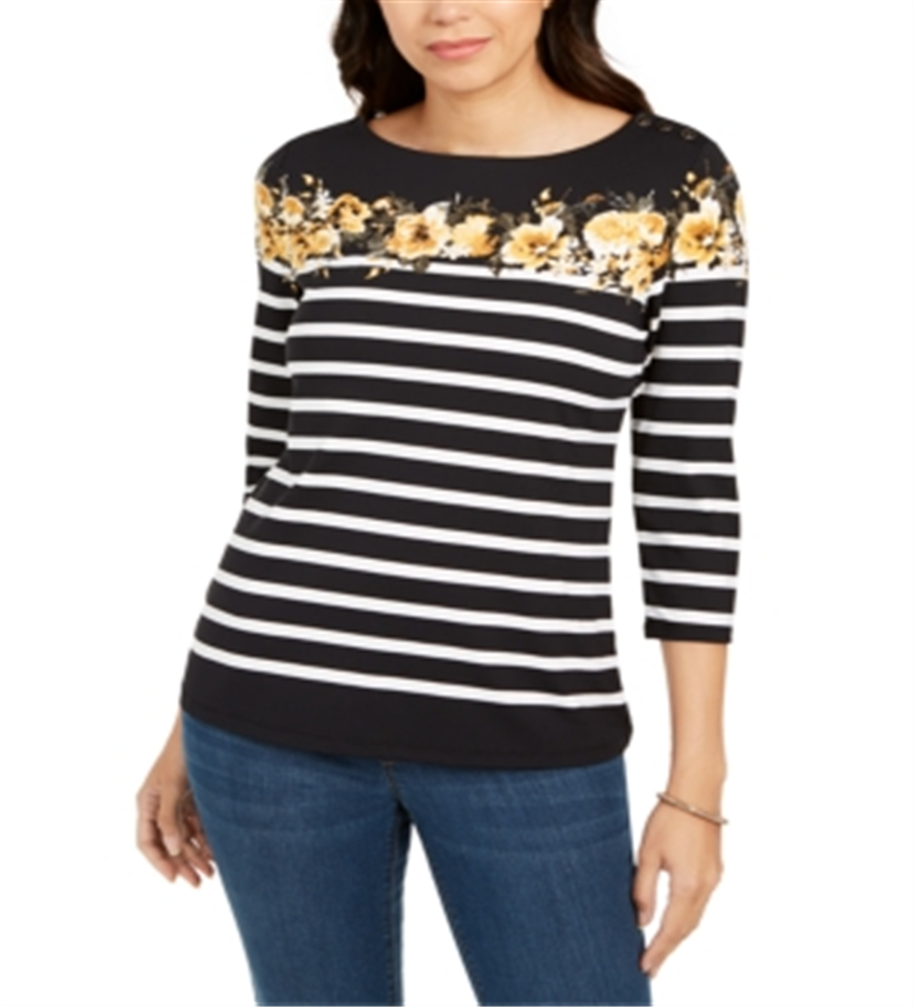 Charter Club Women's Striped and Floral Print Top Black Size Small